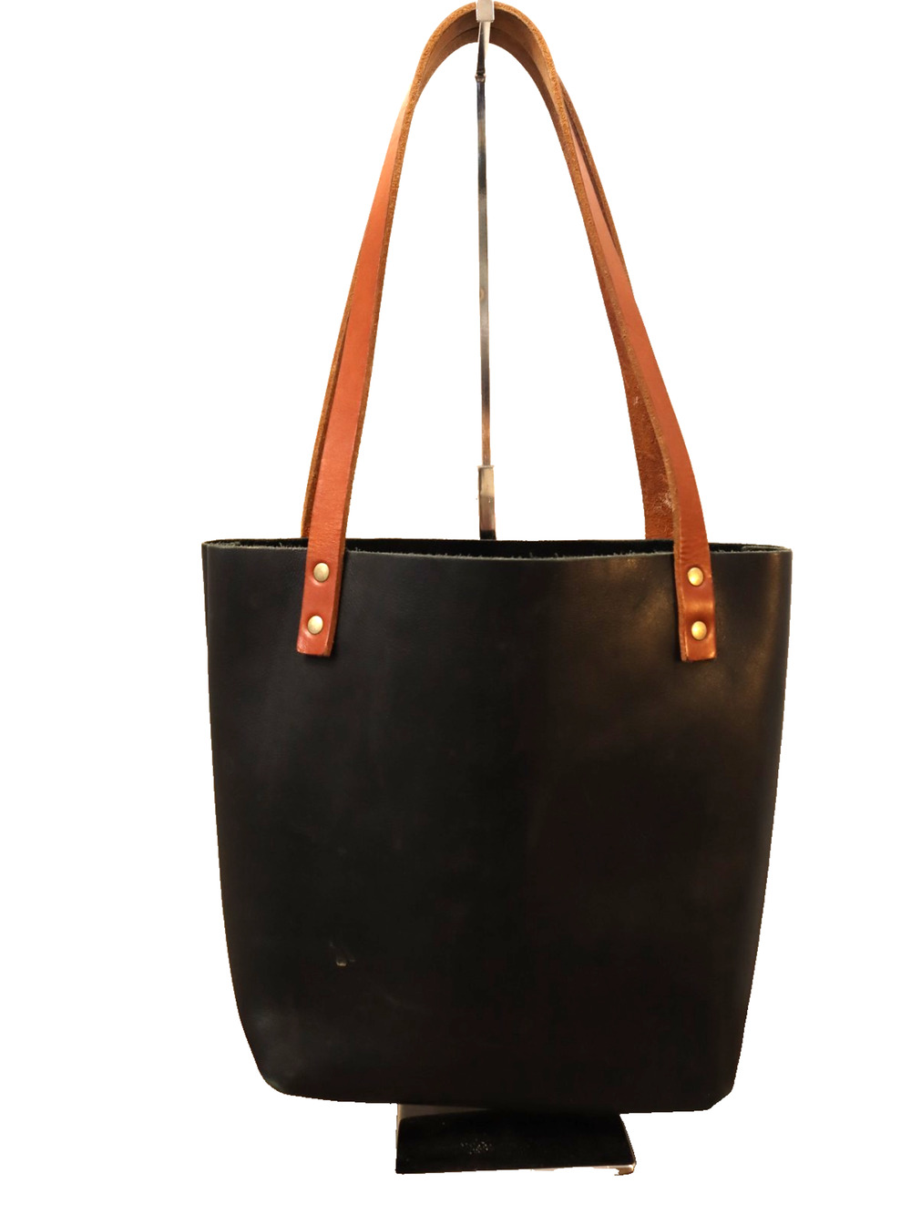 Portland Leather Goods Black Open Tote Bag Double Handle Smooth Classic